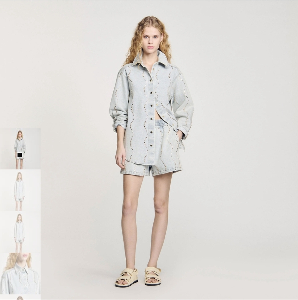 Sandro Light Blue Denim Top with Gold Accents